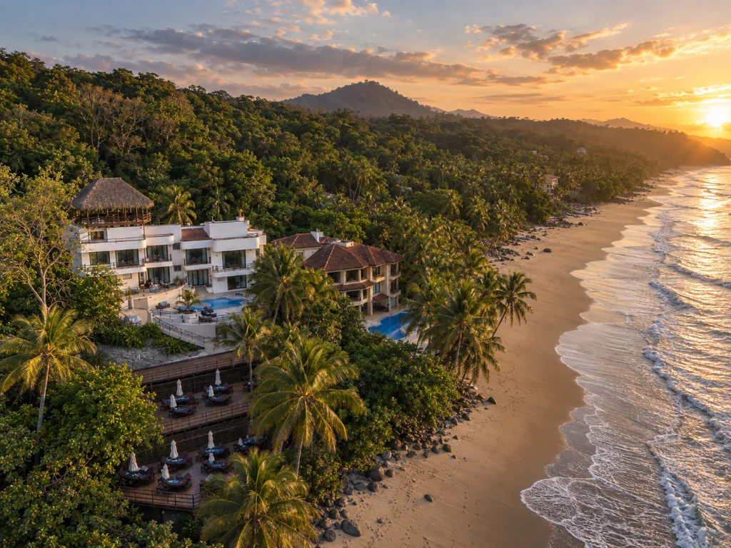 Aerial sunset view of Palacio Musical villa directly on the beach, Tambor Costa Rica
